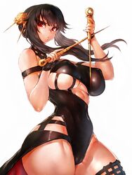 1girls assassin black_hair breasts female female_only fumio_(rsqkr) hi_res knives large_breasts nipple_bulge red_eyes solo spy_x_family stiletto_(weapon) thick_thighs thighs thorn_princess underboob white_background wide_hips yor_briar rating:Explicit score:210 user:WatchTheLanguage