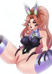 1girls battle_bunny_miss_fortune battle_bunny_series brown_hair bunny_ears clothed clothing female female_only league_of_legends light-skinned_female light_skin mambolina miss_fortune open_mouth orange_eyes pussy thick_thighs thighhighs rating:Explicit score:81 user:PurpleLepus