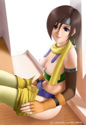 beige_skin breasts brown_hair closed_mouth clothes color day disney female female_only final_fantasy final_fantasy_vii fingerless_gloves gloves hair headband highres human indoors kingdom_hearts looking_at_viewer looking_left navel nipples open_eyes raku_soukutsu round_ears scarf short_hair shorts side_view sitting smile smooth_skin solo square_enix undressing yuffie_kisaragi rating:Explicit score:12 user:bot