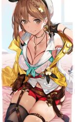 1girls atelier_(series) atelier_ryza atelier_ryza_2 big_breasts blouse breasts brown_eyes brown_hair cleavage collared_blouse collared_shirt female female_only garter gloves hat hews_hack key long_hair matching_hair/eyes navel necklace reisalin_stout see-through shirt short_shorts shorts sweat rating:Explicit score:126 user:42GG14