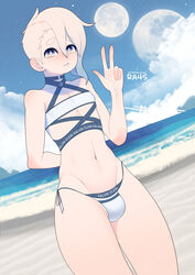 1boy asymmetrical_hair bare_shoulders bikini blush bulge dutch_angle femboy male male_only moon multicolored_eyes ocean original outdoors penis_in_bikini ra4s rio_(ra4s) shaved_side short_hair solo standing thighs twink two_piece_swimsuit v water white rating:Questionable score:175 user:Mukkypokky