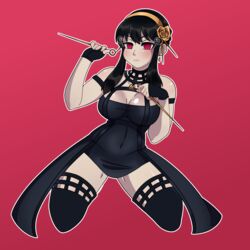 1girls angry_face assassin assesina black_dress black_hair breasts diadem fringe milf open_legs pale-skinned_female patreon patreon_reward red_eyes spy_x_family stiletto_(weapon) sucremay thick_thighs thorn_princess yor_briar rating:Questionable score:18 user:SucreMay