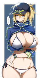 ... 1girls 2022 ahoge arm_under_breasts artoria_pendragon belly_button bikini blonde_hair blue_eyes blush breasts cropped_jacket embarrassed fate/grand_order fate_(series) female female_only gin_moku hat hi_res hips huge_breasts mysterious_heroine_xx_(foreigner) ponytail side-tie_bikini slim_waist speech_bubble straight_face sweatdrop swimsuit thick_thighs thigh_gap thighs white_bikini wide_hips rating:Questionable score:128 user:ZetaReborn