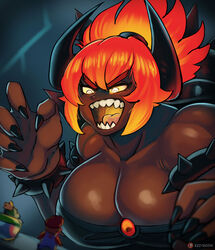 1girls 2boys angry angry_face armlet artist_name artist_signature bangs bare_shoulders black_horns black_nails blurry blurry_background bowser's_fury bowser_jr. bowsette bracelet breasts brooch brown_hair cleavage collar collarbone colored_sclera crown dark-skinned_female dark_skin electricity enormous_breasts ezzyecchi female fiery_hair fingernails fury_bowser giant giant_monster giantess glowing glowing_eyes glowing_hair glowing_mouth gradient_hair hair_between_eyes hands_up hat hi_res high_resolution highres horns huge_breasts jewelry kaijuu koopa_clown_car leaning_forward lightning lightning_bolt looking_at_another mario mario_(series) massive_breasts monster_girl multicolored_hair multiple_boys multiple_males muscular muscular_female new_super_mario_bros._u_deluxe nintendo open_mouth overalls red_hair red_hot rule_63 sharp_fingernails sharp_teeth short_hair size_difference smile solo_focus spiked_armlet spiked_bracelet spiked_collar spiked_shell spikes super_crown super_mario_3d_world teeth turtle_shell v-shaped_eyebrows white_eyes yellow_sclera rating:Questionable score:212 user:ron50