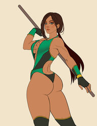 1girls 2d ass brown_hair bubble_butt cleavage dark-skinned_female didi_esmeralda fingerless_gloves green_eyes jade_(mortal_kombat) large_breasts long_hair looking_at_viewer mortal_kombat ponytail staff voluptuous rating:Questionable score:115 user:TheKindHaremMaster