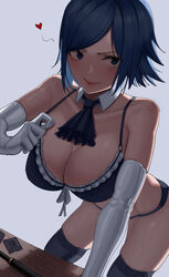 1girls big_breasts blue_hair blush bra breasts cleavage detached_collar elbow_gloves elisabeth_blanctorche eyelashes eyeliner female female_only frills harris_hero lingerie lipstick long_gloves maid makeup panties short_hair snk stockings underwear rating:Questionable score:102 user:red3301