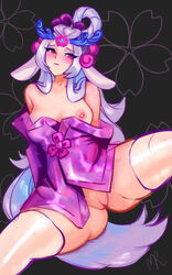 1girls animal_ears blush female hair_ornament humanized league_of_legends lillia_(league_of_legends) long_hair looking_at_viewer merellyne nipples one_breast_out partially_clothed pink_eyes presenting simple_background solo spirit_blossom_lillia spirit_blossom_series thick_thighs white_hair rating:Explicit score:172 user:LukeSkyLuke