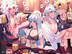 1girls 4boys abs alcohol animal_ears arataki_itto awkward beer beer_mug blush breasts cigarette cleavage clothing cuppydraws demon demon_horns dog_ears drunk food gay genshin_impact gorou_(genshin_impact) groping heart kamisato_ayaka kamisato_ayato kimono male male/male multiple_boys oni oni_horns party restaurant shirt_lift sushi tattoo thoma_(genshin_impact) toned toned_male yaoi rating:Questionable score:278 user:Monalicious