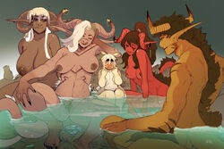 1boy 1futa 3girls bathhouse bisexual bisexual_(female) bisexual_panic black_hair breasts brown_skin ear_piercing earrings female giant giantess happiest_little_cloud horned_humanoid horns huge_breasts humanoid humanoid_on_humanoid imminent_sex larger_female larger_male light-skinned_female light_skin long_ears male multiple_girls nipple_rings nude_female nude_male pointy_ears pool pussy red-skinned_female red_skin size_difference smaller_female tail towel water white_hair rating:Explicit score:115 user:Mang