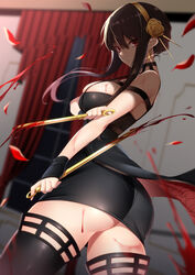 1girls ass assassin big_ass big_butt black_hair blood breasts butt eye_contact female female_focus female_only kippuru long_hair looking_at_viewer red_eyes solo spy_x_family stiletto_(weapon) thick_thighs thighhighs thighs thorn_princess yor_briar rating:Questionable score:99 user:Mukkypokky