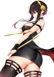 1girls ass assassin big_ass big_butt black_hair breasts butt eye_contact female female_focus female_only kippuru long_hair looking_at_viewer red_eyes solo spy_x_family stiletto_(weapon) thick_thighs thighhighs thighs thorn_princess white_background yor_briar rating:Questionable score:89 user:Mukkypokky