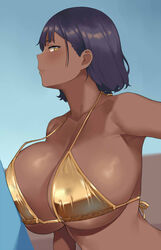 1girls 2022 bikini breasts brown_skin cleavage dark-skinned_female dark_skin female female_only gold_bikini golden_bikini highlow huge_breasts looking_at_viewer naughty_face original original_character outdoors purple_hair short_hair side_glance smile suggestive_look yellow_eyes rating:Questionable score:92 user:ZetaReborn