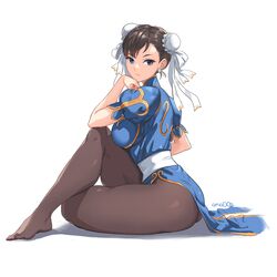 amados ass black_legwear blue_eyes breasts brown_hair capcom china_dress chinese_clothes chun-li crossed_legs curvy double_bun dress feet female head_rest highres pantyhose sitting solo street_fighter thick_thighs thighs toes rating:Safe score:119 user:Misty_lover