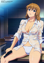 00s 1990s_(style) 1girls absurdres agent_aika aika_(series) aika_zero arm_support big_breasts blouse breasts brown_hair cleavage collared_shirt copyright_name covered_erect_nipples dress_shirt eyebrows_visible_through_hair female female_only gun handgun highres huge_filesize indoors looking_at_viewer medium_hair megami_magazine navel no_bra official_art open_clothes open_shirt panties parted_lips pistol retro_artstyle school_desk see-through shiny shiny_skin shirt sitting solo solo_female straight_hair sumeragi_aika trigger_discipline underwear weapon wet wet_clothes wet_shirt white_panties white_shirt yamauchi_noriyasu rating:Questionable score:37 user:CloperoOverlord