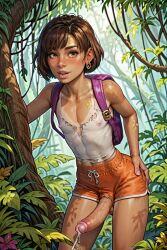  ai_generated cumshot dora_marquez dora_the_explorer femboy jungle katiekursuz_(artist) looking_at_viewer ripped_clothing solo solo_femboy standing  rating:explicit score: user:bot