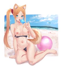 absurdres animal_ears aqua_eyes areolae ball bangs barefoot beachball blush breasts breasts_out cleavage cloud commentary covered_navel dog_ears dog_girl dog_tail english_commentary female female food fran_(gudanco_(nyanmeowzer)) full_body gris_swimsuit gudanco_(nyanmeowzer) hair_behind_ear highres holding holding_food island long_hair looking_at_viewer meme meme_attire nipples one-piece_swimsuit open_mouth original palm_tree parted_bangs popsicle side_ponytail sitting sky smile solo strapless strapless_swimsuit swimsuit tail thick_eyebrows toes tongue tongue_out tree yokozuwari rating:Questionable score:34 user:DemonKitty15