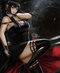 1girls assassin black_dress black_gloves black_hair black_legwear boots breasts cleavage clothing dagger dress falling_petals female fingerless_gloves footwear gloves gold_hairband hair_bun hi_res holding holding_dagger holding_weapon knee_up knife large_breasts legwear long_hair looking_at_viewer petals red_eyes signature sleeveless sleeveless_dress solo spy_x_family stiletto_(weapon) thigh_boots thighhighs thorn_princess tied_hair weapon wei_(promise_0820) yor_briar rating:Questionable score:37 user:WatchTheLanguage