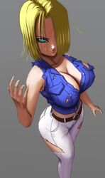 1girls android_18 blonde_hair blue_eyes breasts cleavage dragon_ball dragon_ball_z elitenappa female female_only hair_over_one_eye hi_res large_breasts looking_at_viewer shounen_jump solo torn_clothes rating:Explicit score:225 user:WatchTheLanguage