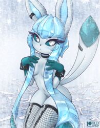 aki_(rilex_lenov) animal_ears anthro anthrofied blue_hair bracelet breasts choker eeveelution eyelashes female fishnet_legwear fishnet_thighhighs glaceon hair jewelry looking_at_viewer nintendo pokémon_(species) pokemon rilex_lenov snow solo_focus tail thighhighs white_eyes rating:Explicit score:75 user:Potato02