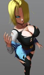 1girls android_18 blonde_hair blue_eyes breasts cleavage dragon_ball dragon_ball_z elitenappa female female_only hair_over_one_eye hi_res huge_breasts large_breasts looking_at_viewer shounen_jump solo torn_clothes rating:Explicit score:183 user:WatchTheLanguage