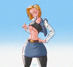 1girls android_18 blonde_hair blue_eyes breasts dragon_ball dragon_ball_z female female_only light-skinned_female pinafore_(artist) wide_hips rating:Explicit score:36 user:Tronitrus