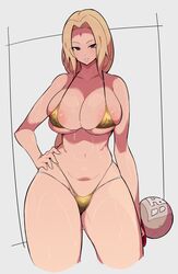 1girls 2022 bikini blonde_hair breasts brown_eyes female female_only golden_bikini huge_breasts looking_at_viewer mature_female micro_bikini nac000 naruto naruto_(series) naruto_shippuden naughty_face simple_background thick_thighs tsunade wide_hips rating:Questionable score:194 user:ZetaReborn