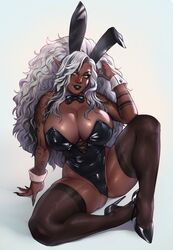 1girls akira_(akira_raikou) akira_raikou ass_visible_through_thighs big_breasts big_lips big_thighs black_eyebrows black_high_heels black_legwear black_lipstick black_nails bowtie bowtie_collar breasts bunny_costume bunny_ears clothed clothed_female cuffs dark-skinned_female dark_skin female green_eyes high_heels only_female pinup pointy_ears pose sharp_fingernails sitting smile solo solo_female stockings tattoo tattooed_arm tattoos thick_thighs thighhighs thighs white_background white_hair rating:Explicit score:152 user:fleepfloop84