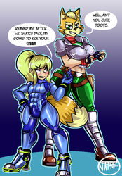 2015 absurd_res blonde_hair blush breasts bulge canid canine duo female fox fox_mccloud furry green_eyes hair head_swap hi_res looking_up male mammal metroid nintendo onat penis_under_clothes ponytail samus_aran simple_background size_difference smile standing star_fox video_games zero_suit rating:Explicit score:15 user:bot