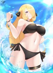 1girls 2022 alternate_breast_size artist_logo artist_signature beach bikini black_bikini blonde_hair breasts cynthia_(pokemon) female female_only hair_over_one_eye hi_res hips holding_object huge_breasts kaos_art long_hair nintendo outdoors pokeball pokemon pokemon_dppt slim_waist smile thick_thighs thighs ultra_ball water wet wide_hips rating:Safe score:186 user:ZetaReborn