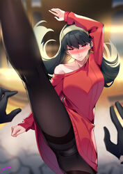 1boy 1girls action_pose arm_up assassin black_gloves black_hair black_pantyhose blush cameltoe dreamcatcher_(artist) drunk earrings female fighting_pose floating_hair glaring gold_earrings headband kicking loid_forger long_hair long_sleeves looking_at_viewer mouth_closed one_hand_up one_leg_up panties panties_under_pantyhose pantyhose pantyshot pov pov_hands red_eyes red_sweater spy_x_family standing standing_on_one_leg straight_hair sweater thighs thorn_princess twilight_(spy_x_family) underwear vertical_splits yor_briar yor_forger rating:Questionable score:185 user:Nocchi