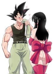 back_view canon_couple chichi dragon_ball dragon_ball_z fungushi implied_nudity leering light-skinned_female light_skin ribbon ribboned_body son_goku rating:Explicit score:38 user:Freezer88