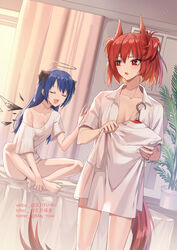 2girls :d animal_ears arknights bird_ears bird_girl bird_tail black_panties black_wings blouse blush breasts cleavage closed_eyes clothes_hanger collarbone collared_shirt curtains dark_halo detached_sleeves drooling dutch_angle energy_wings female female_only fiammetta_(arknights) gogatsu_fukuin hair_between_eyes highres holding holding_clothes holding_shirt lofter_username medium_breasts morning mostima_(arknights) multiple_girls naked_shirt on_bed open_clothes open_mouth open_shirt panties plant potted_plant red_eyes red_hair shirt short_hair sideboob single_bare_shoulder sitting sitting_indian_style small_breasts smile tail twitter_username underwear waking_up weibo_username wings rating:Questionable score:36 user:DemonKitty15