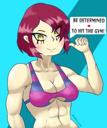 1girls absurdres blue_background bra bra_only english_text eyeliner female female_frisk female_human female_only frisk hellish_spider human human_only looking_at_viewer muscular muscular_female pointing_at_self short_hair solo solo_female text thumbs_up undertale undertale_(series) yellow_eyes rating:Questionable score:5 user:Lierneh000