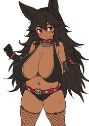 1girls alternate_breast_size animal_ears bangs bare_shoulders black_gloves black_hair blush breasts cerberus_(houtengeki) chains cleavage collar cowboy_shot dark-skinned_female dark_skin elbow_gloves female fishnet_legwear fishnets gloves hands_up highres houtengeki huge_breasts long_hair looking_at_viewer navel open_mouth original red_collar red_eyes simple_background standing thighhighs thighs white_background rating:Questionable score:89 user:grimmriper25