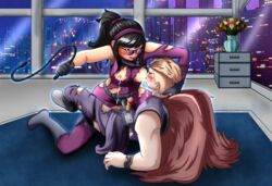 1boy 1girls avengers blush breast_sucking female femdom glasses hawkeye hawkeye_2099 human kate_bishop lactation light-skinned_female light_skin male male_penetrated marvel pegging ripped_clothing strap-on strap-on_over_clothes whip wings xray_view rating:Explicit score:7 user:Bob74h