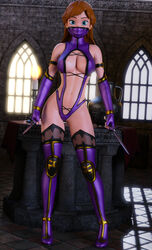 1girls 3d anna_(frozen) auburn_hair blue_eyes cosplay crossover_cosplay disney facemask fit_female frozen_(film) high_heels holding_weapon large_breasts long_hair mileena_(cosplay) mortal_kombat ruidx sais thigh_boots voluptuous rating:Questionable score:131 user:TheKindHaremMaster