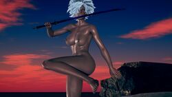 3d afro ass back bare_shoulders barefoot beach big_lips breasts dark-skinned_female dark_skin effineffer hair_over_one_eye hips katana lips nintendo nintendo_switch no_more_heroes nude pubic_hair purple_eyes pussy shinobu_jacobs sideboob sword thighs training waist white_hair rating:Explicit score:6 user:EffinEFFER