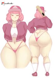 1girls ass ass_cleavage backless_panties baseball_bat baseball_cap big_ass big_butt butt_crack cellulite doki_doki_literature_club fat_ass huge_ass jacket large_ass lewddoodler looking_at_viewer natsuki_(doki_doki_literature_club) navel no_pants panties pink_hair short_hair simple_background solo solo_female thick_thighs thong uncensored voluptuous white_background wide_hips rating:Questionable score:350 user:Lunacy