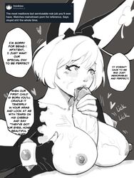 1boy absurdres bracelet breasts breasts_out elbow_gloves elphelt_valentine english_commentary english_text fellatio female fingerless_gloves gloves guilty_gear handjob heart highres jewelry large_breasts large_penis licking licking_penis looking_up monochrome nipples oral paizuri penis reference_inset saliva short_hair skullworms solo_focus speech_bubble spiked_bracelet spikes straight uncensored veins veiny_penis rating:Explicit score:206 user:bot