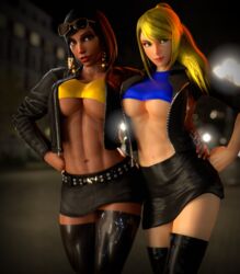 2girls 3d abs adeptusinfinitus bare_midriff big_breasts black_hair blender blonde_hair crossover dark-skinned_female dark_skin egyptian fit jacket_open leather_jacket leather_skirt looking_at_viewer metroid miniskirt overwatch pharah ponytail posing prostitute prostitution revealing_clothes samus_aran seductive skimpy_clothes skirt standing sunglasses_on_head tattoo thigh_boots thighhighs underboob rating:Questionable score:163 user:AdeptusInfinitus