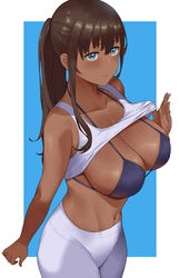 1girls 2022 bikini_top blue_bikini_top blue_eyes blush breasts brown_hair brown_skin dark-skinned_female dark_skin female female_only highlow hips huge_breasts long_hair original original_character simple_background slim_waist sportswear tank_top thick_thighs thighs top_lift wide_hips yoga_pants rating:Questionable score:97 user:ZetaReborn