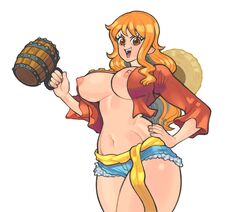 1girls areolae bangs beer big_breasts booty_shorts breasts breasts_exposed clothing crossplay curvy edu_pompom female female_focus female_only hand_on_hip highres holding_object human jean_shorts jeans large_breasts long_hair long_sleeves looking_at_viewer monkey_d_luffy_(cosplay) mug nami navel nipples no_bra one_piece open_mouth open_shirt orange_eyes orange_hair post-timeskip red_shirt revealing_clothes shiny_skin short_shorts simple_background skimpy skimpy_clothes solo solo_female straw_hat teeth thick_thighs thighs tongue topless_cosplay voluptuous white_background yellow_sash rating:Questionable score:102 user:BatNed