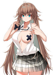 1girls absurdres aqua_eyes azur_lane bandaid bandaids_on_nipples bangs big_breasts black_bow black_bowtie black_pasties blouse bow bowtie breasts brown_hair catnnn cleavage collared_shirt cowboy_shot crossed_bandaids crossed_bangs eyebrows_visible_through_hair female female_only grey_skirt hair_between_eyes highres impero_(azur_lane) impero_(languid_librarian)_(azur_lane) large_breasts long_hair looking_at_viewer loose_bowtie miniskirt official_alternate_costume one_breast_out open_clothes open_shirt pasties plaid plaid_skirt sardegna_empire_(azur_lane) shirt simple_background skirt sleeveless sleeveless_shirt standing undressing very_long_hair white_background white_shirt x_pasties rating:Questionable score:43 user:DemonKitty15