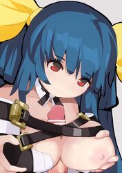 1boy absurdres areolae bangs bar_censor bare_shoulders belt blue_hair breast_grab breasts choker cleavage collarbone detached_collar detached_sleeves dizzy_(guilty_gear) eyebrows_visible_through_hair female grabbing guilty_gear guilty_gear_xrd hair_ornament hair_ribbon hair_rings hand_on_own_chest highres kitami_tsuzuka large_breasts long_hair looking_down nipples paizuri paizuri_under_clothes penis red_eyes ribbon solo_focus straight twintails upper_body yellow_ribbon rating:Explicit score:9 user:bot