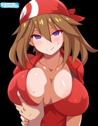 alternate_breast_size anime_style black_background blue_eyes blush breast_grab breast_squeeze brown_hair clothing female grabbing guided_breast_grab happy headband human konno_tohiro large_breasts looking_at_viewer may_(pokemon) medium_hair mg_renders pale_skin pokemon smile smiling sweat sweatdrop uncensored rating:Explicit score:478 user:HentaiHaremKing