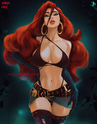 1girls belt blue_eyes breasts cleavage curvaceous curvy curvy_female curvy_figure earrings exposed_shoulders exposed_torso female female_focus female_only hoop_earrings hoop_earrings_oversized hourglass_figure league_of_legends legs light-skinned_female light_skin lips long_hair miss_fortune navel pirate pose posing red_hair solo solo_female tattiart thighs voluptuous rating:Questionable score:250 user:randomaccount0897