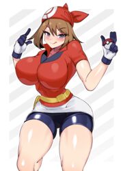 1girls :p bandana big_breasts bike_shorts blue_eyes breasts brown_hair eye_contact fully_clothed game_freak gloves looking_at_viewer may_(pokemon) nintendo pokemon pokemon_rse seductive_eyes shiny_skin shorts thick_thighs thighs tight_clothing titty_pocket volyz rating:Questionable score:134 user:Mukkypokky