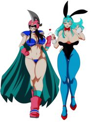 2girls armor big_breasts bimbo_body black_hair blue_pantyhose boots bowtie bulma_(bunny) bulma_briefs bunny_costume bunny_ears bunny_tail bunnysuit chichi chichi's_armor chichi's_helmet cloak detached_collar dragon_ball dragon_ball_(classic) female female_only fist_bump gloves green_hair heels helmet hi_res light-skinned_female light_green_hair light_skin long_hair looking_at_viewer nala1588 narrowed_eyes neck_ribbon pantyhose shounen_jump smiling smiling_at_viewer voluptuous white_background wink wrist_cuffs rating:Safe score:126 user:!nner$elf89