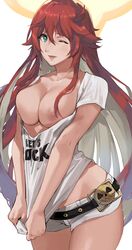 1girls breast_squeeze breasts breasts_out female female_only green_eyes guilty_gear hips j@ck jack-o'_valentine long_hair red_hair shirt_pull short_shorts thighs topless white_hair white_shirt white_shorts wink rating:Explicit score:367 user:MoonLightdimmed