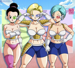 3girls abs android_18 armor artist_logo artist_name asymmetrical_legwear big_breasts black_eyes black_hair blonde_hair blue_eyes blue_hair breasts bulma_briefs chichi cleavage collarbone dragon_ball dragon_ball_super dragon_ball_z earrings female_focus female_only flexing franfuentesart2 gloves green-tinted_eyewear grin hand_on_hip light-skinned_female light_skin looking_at_another looking_at_viewer navel pose purple-tinted_eyewear red-tinted_eyewear saiyan_armor scouter short_hair smile thighs tied_hair tinted_eyewear white_gloves rating:Questionable score:134 user:MrLW13